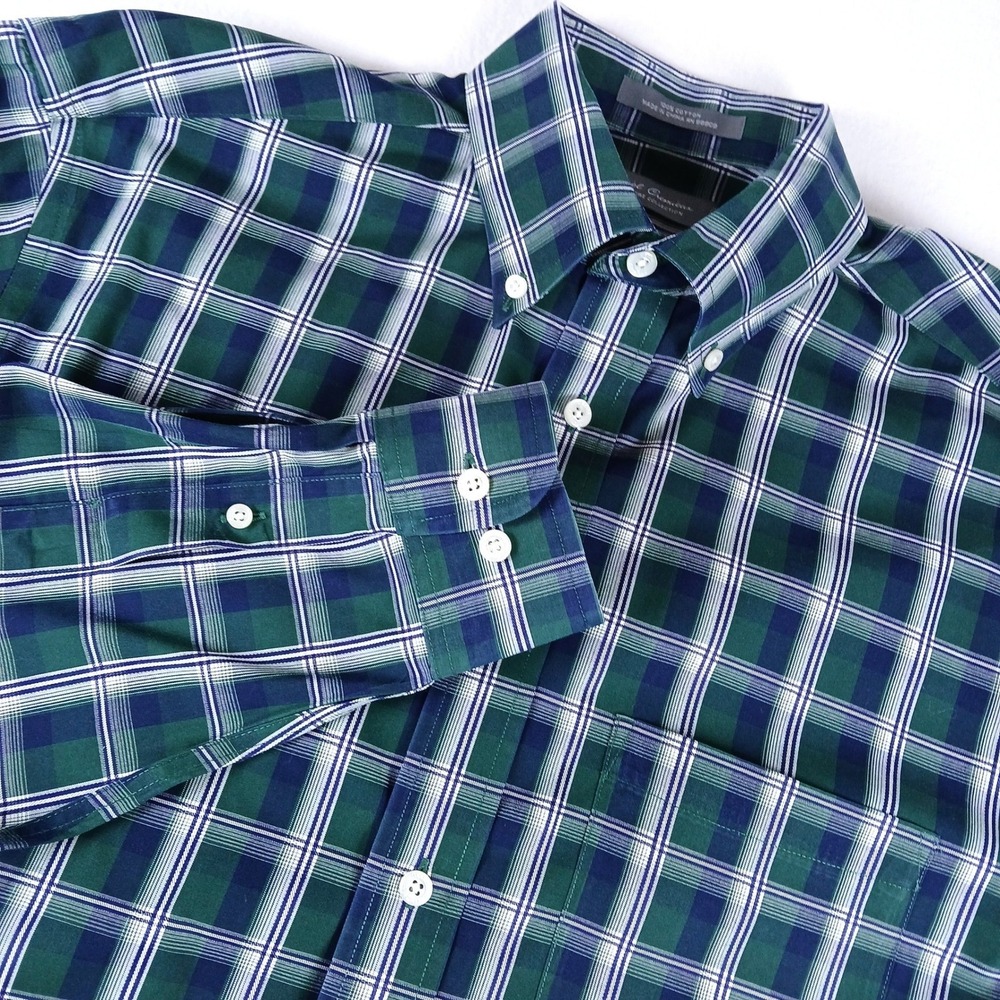 Daniel Cremieux Signature Collection Mens M Green Blue Plaid Non-Iron Shirt LS